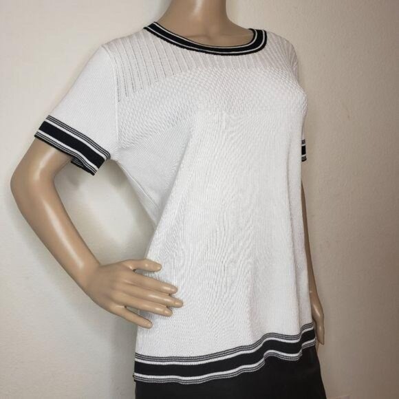 Karl Lagerfeld Paris NWT White & Black Knit Short-Sleeve Top Ribbed Trim Detail - Picture 9 of 12